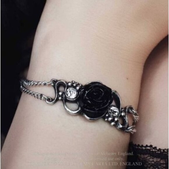 Bacchanal Rose Bracelet – Alchemy Gothic Retired ✦ Black ✦ Rare Pewter Charm - Picture 1 of 4